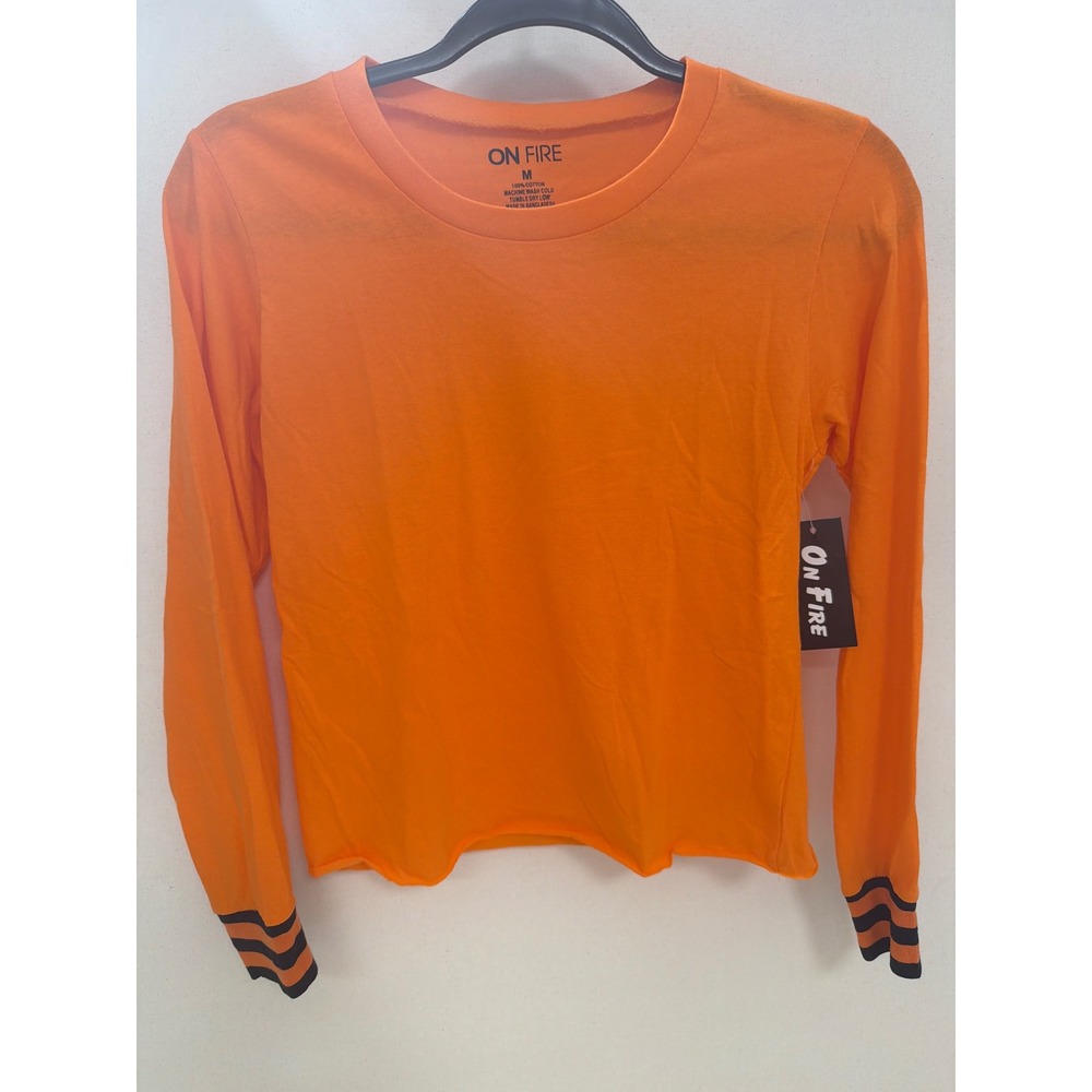 On Fire Orange Long Sleeve Cotton Tee Shirt Striped Cuffs Raw Hem Medium NWT